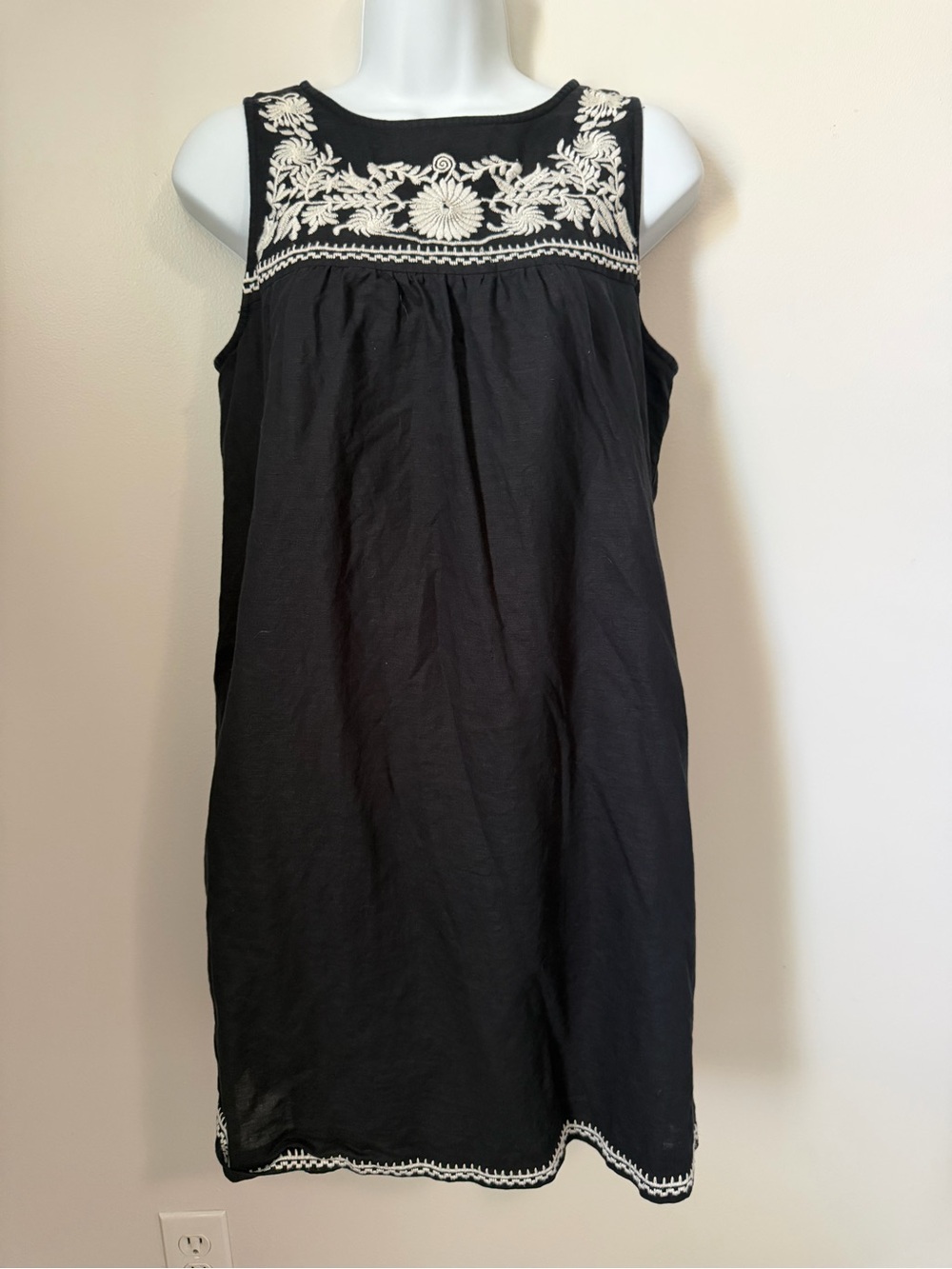 J. Crew Black Sleeveless Shift Dress with Cream Floral Embroidery